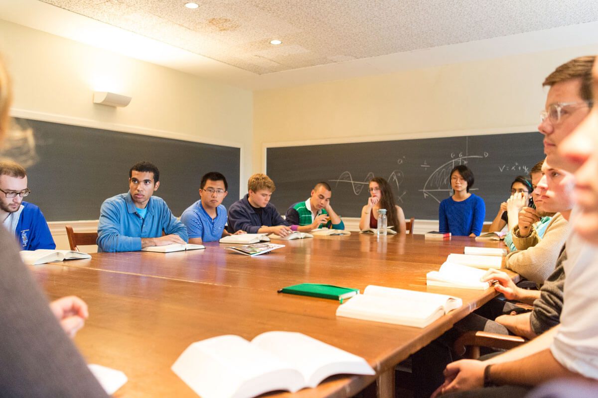 Students studying mathematics in a classroom St Johns College Annapolis.