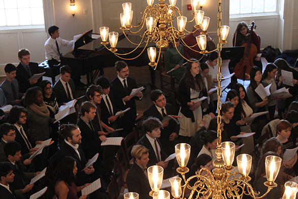 The St. John's College Freshman Chorus performs in the Great Hall in Annapolis.