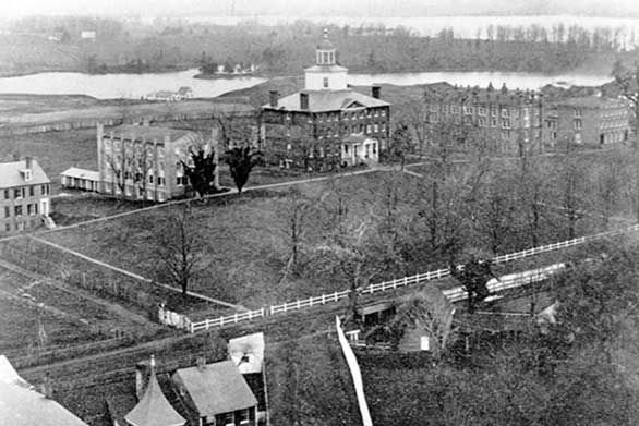 An aerial view shows the St. John's campus, circa 1868.