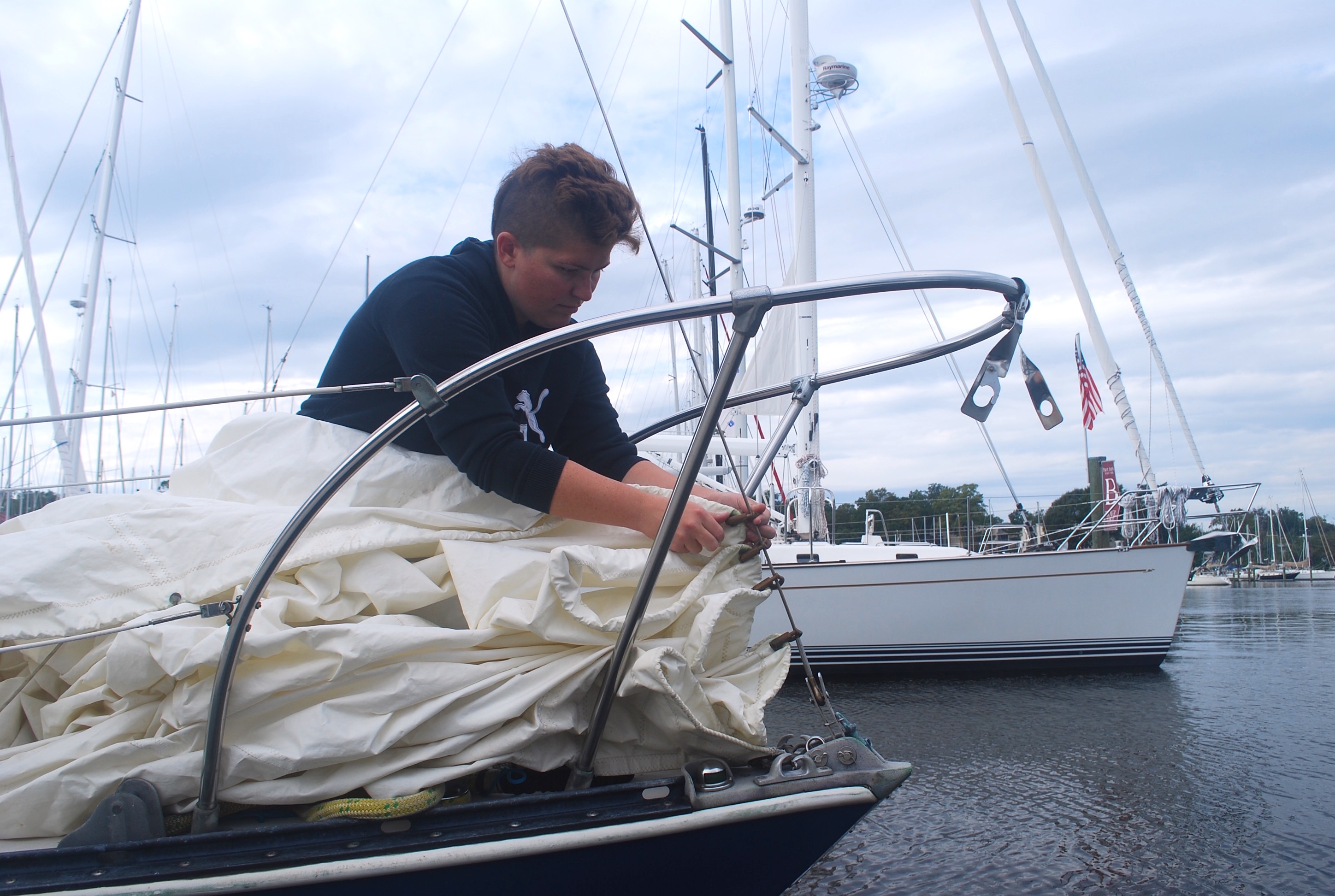 MaryEllen Markuske prepares the Thetis to sail.