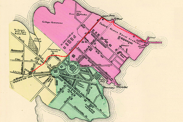 The red line on the map shows the route Lincoln is believed to have taken weeks before his assassination.