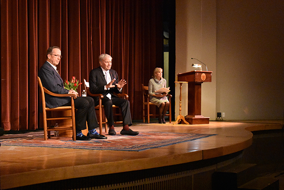 Adm. Mike Mullen, left, and Tom Brokaw discuss current events at St. John's College in Annapolis.