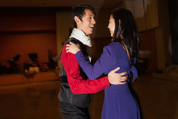 Darren Limoanco (SF18) and Leana Manuel (SF20) dance during intermission at the Sage Assembly: A Southwestern English Ball. (Photo by Kevin Lange)