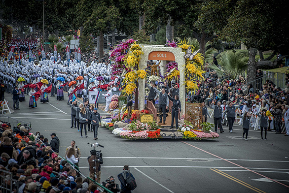 The City of Hope float makes its way along the Rose Parade route in Pasadena, California.