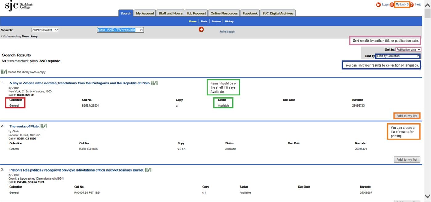 Search Results screen for Meem Library Catalog